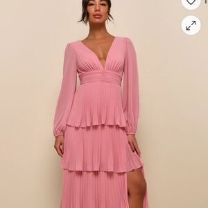 Lulu's Pink V-Neck Gown with Bishop Sleeves